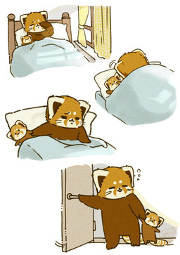 bed bedding blanket brown_body chibi detailed_background dot_eyes duo eyes_closed feral furniture lying pillow plushie simple_eyes tired shi_nominmin ailurid mammal red_panda 2023 absurd_res hi_res sequence