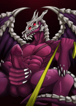 4_eyes anthro balls bone cheek_tuft chin_tuft facial_tuft genitals glowing glowing_eyes hand_on_own_penis hand_on_penis leash leash_pull low-angle_view male multi_eye muscular muscular_male penis receiving_pov red_eyes scar skull skull_head solo spread_legs spreading tail tuft wings furbave mythology dragon mythological_creature mythological_scalie scalie hi_res