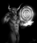 anthro ear_piercing eyes_closed flaccid foreskin genitals horn humanoid_genitalia humanoid_penis magic male mandala nipple_piercing nipples open_book penis piercing solo bgn rintrah_(marvel) bovid bovine cattle mammal black_and_white hi_res monochrome