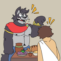anthro argument biceps black_body black_fur blue_eyes bottomwear bread brown_hair cape claws clothed clothing container countershading cup duo emanata facial_piercing fangs food fruit fur furniture gesture grape grey_body grey_fur hair hand_gesture jewelry labret_piercing larger_male lip_piercing male multicolored_body multicolored_fur musclegut muscular muscular_male navel nipples pants pecs piercing pitcher plant pointing robe royalty size_difference smaller_male table teeth topless two_tone_body two_tone_fur yelling naaidden adastra adastra_(series) echo_project amicus_(adastra) marco_(adastra) canid canine canis human mammal wolf 1:1 2020 digital_media_(artwork) hi_res