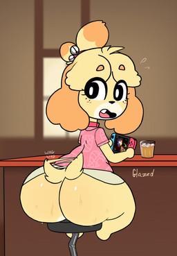 anthro big_butt black_eyes black_nose blush blush_lines bodily_fluids bottom_heavy bottomwear butt clothed clothing collar excited eyelashes female fur furniture holding_console huge_butt looking_back no_underwear open_mouth orange_body orange_fur pattern_clothing pattern_topwear pink_clothing pink_topwear rear_view sitting skirt snaggle_tooth solo stool stool_breaking sweat sweaty_butt tail tail_motion tailwag tan_bottomwear tan_clothing tan_skirt topwear upskirt white_body white_fur yellow_body yellow_fur glazeddd animal_crossing nintendo nintendo_switch isabelle_(animal_crossing) canid canine canis domestic_dog mammal shih_tzu toy_dog
