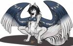 anthro black_hair breasts chain crouching feathered_wings feathers female genitals hair heterochromia long_hair looking_at_viewer nipple_chain nipple_piercing nipples nude piercing pink_nose pose pussy solo spread_legs spreading wings metalmanda aeluvia_(pandiaurora) canid canine canis mammal wolf 2015 pinup