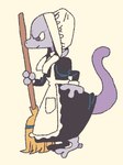 ambiguous_gender anthro apron barefoot biped bonnet broom cleaning_tool clothing feet hat headgear headwear holding_broom holding_cleaning_tool holding_object maid_uniform profile purple_tail simple_background solo standing tail uniform white_clothing white_hat white_headwear farfin nintendo pokemon generation_1_pokemon legendary_pokemon mewtwo pokemon_(species)