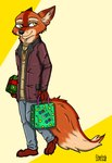 anthro bottomwear brown_body brown_fur clothed clothing fully_clothed fur jacket male male_anthro orange_body orange_fur pants red_body red_fur shirt smile solo standing tan_body tan_fur topwear yellow_eyes ziegelzeig lorian_(guardianlorian) canid canine fox mammal