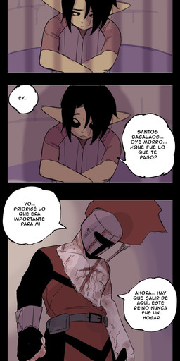 armor arrow_(weapon) arrow_in_back belt black_border black_hair black_sclera blood bodily_fluids border chest_scar clothing duo female hair headgear helmet humanoid_pointy_ears knight male pointy_ears ranged_weapon red_clothing red_shirt red_topwear red_tunic sad scar shadow shirt sitting text topwear torn_clothing tunic warrior weapon darkus_art goblin human humanoid mammal comic hi_res spanish_text translation_request