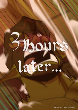 beard blush bodily_fluids brown_hair clothed clothing cum ejaculation facial_hair genital_fluids green_body green_skin hair male not_furry open_mouth solo text topless nyuudles humanoid orc absurd_res english_text hi_res