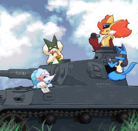 ambiguous_gender anthro armored_vehicle barrel_art binoculars blue_eyes blue_hair breasts butt cannon clothing cloud female fish_hook food fur gem grass green_body green_fur green_hair group hair hat headgear headwear holding_food holding_object hook inner_ear_fluff machine multicolored_body open_mouth orange_body orange_fur pearl_(gem) piercing pink_eyes plant ranged_weapon red_eyes sandwich_(food) sky spikes spikes_(anatomy) starfish_(accessory) tail tank_(vehicle) tongue tongue_out tracked_vehicle tuft turret vehicle weapon white_body white_fur yellow_body yellow_fur razgrizdl nintendo panzer_iv pokemon avery_(razgrizdl) krys_(razgrizdl) rose_(razgrizdl) asterozoan canid canine delphox echinoderm felid feline generation_4_pokemon generation_6_pokemon generation_7_pokemon generation_9_pokemon lucario mammal marine meowscarada pokemon_(species) primarina starfish 2025 hi_res female_(lore)