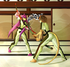 5_toes anthro barefoot beak brown_body brown_hair claws clothed clothing countershade_face countershading dojo door duo feet female gloves_(marking) hair male markings plantigrade purple_body sliding_door sound_effects spread_toes staff tail toe_claws toes training training_room oiioxoiio sega sonic_riders sonic_the_hedgehog_(series) fan_character hazmat_(character) wave_the_swallow avian bird hirundinid mammal mouse murid murine oscine passerine rodent swallow_(bird) hi_res