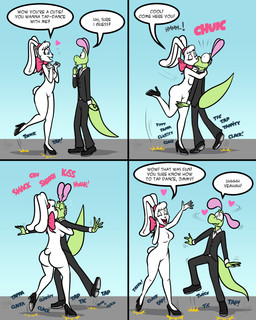 anthro black_tie_(suit) bow_ribbon clothing dancing dialogue dizzy duo female footwear footwear_only fur grabbing green_body heart_symbol hearts_around_head high_heels hug kissing lifting male male/female mostly_nude motion_lines name_in_dialogue onomatopoeia shoes shoes_only simple_background sound_effects suit tap_dancing text white_body white_fur jamearts jimmy_basil-lisk lagomorph leporid lizard mammal rabbit reptile scalie 4:5 absurd_res comic english_text hi_res