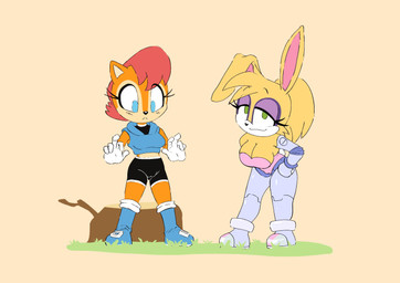 anthro big_breasts blue_eyes boots bottomwear breasts brown_body brown_fur brown_hair camel_toe cleavage clothed clothing crop_top cybernetic_limb duo eyelashes eyeshadow female footwear fur gloves green_eyes hair handwear leotard makeup shirt shoes shorts simple_background tan_background topwear tree_stump vest op_gero archie_comics sega sonic_the_hedgehog_(archie) sonic_the_hedgehog_(comics) sonic_the_hedgehog_(series) bunnie_rabbot sally_acorn sally_acorn_(post-sgw) chipmunk ground_squirrel lagomorph leporid mammal rabbit rodent sciurid hi_res