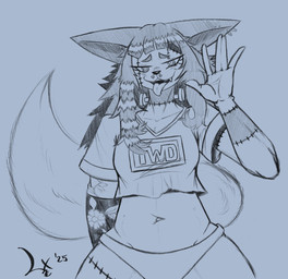 anthro bangs barbell_piercing clothing cute_fangs ear_piercing eyelashes facial_piercing fangs female flower looking_at_viewer midriff_top neck_bolts nose_piercing nose_ring panties piercing plant pupils ring_piercing septum_piercing septum_ring shirt simple_background slit_pupils solo stitch_(sewing) tattoo_sleeve teeth text text_on_clothing text_on_shirt text_on_topwear tongue tongue_out topwear underwear salaciouslx canid canine fox mammal 2025 black_and_blue hi_res monochrome signature sketch nonbinary_(lore)