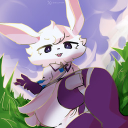 anthro clothing cloud female gloves grass hair handwear low-angle_view outside plant presenting solo godforgiveme4 kitaria_fables alice_skylar_(kitaria_fables) lagomorph leporid mammal rabbit 1:1 hi_res