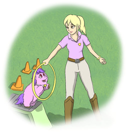 belt blonde_hair boots bottomwear brown_belt brown_boots brown_clothing brown_eyes brown_footwear clothing collar cone duo eye_contact eyelashes female female_feral female_human feral footwear fur grass grey_bottomwear grey_clothing grey_pants hair holding_object hoop hooves light_body light_skin lips looking_at_another monotone_body monotone_fur mouth_closed on_hind_legs open_mouth open_smile pants pink_body pink_clothing pink_fur pink_lips pink_shirt pink_topwear plant purple_hair purple_tail red_eyes shirt shoes smile tail topwear traffic_cone young young_female young_feral carpdime fluffy_pony amy_(carpdime) princess_pinky_(fluffy_pony) fluffy_pony_(species) human mammal digital_media_(artwork) shaded story story_at_source story_in_description
