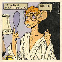 anthro clothed clothing crossdressing crossdressing_male eyewear glasses male mirror nightgown solo text wearing_glasses worried obrien_(artist) he_was_a_slave_to_beauty chip_(obrien) mammal mouse murid murine rodent artist_name meme