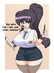 anthro arm_tuft big_breasts black_eyeshadow black_hair bottomwear breasts cleavage clothed clothing eyebrow_piercing eyeshadow facial_piercing female floppy_ears hair legwear looking_at_viewer makeup miniskirt necktie note_pad pen piercing ponytail purple_eyes side_boob simple_background skirt solo tail tail_tuft talking_to_viewer text thick_thighs tuft wide_hips wrist_tuft zelripheth alys_faiblesse_(zelripheth) canid canine canis domestic_dog mammal poodle standard_poodle absurd_res english_text hi_res