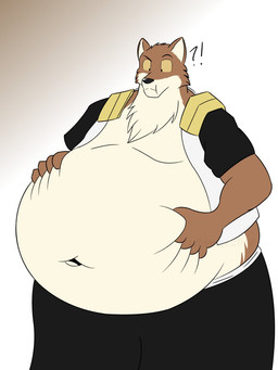 anthro belly belly_grab big_belly black_nose brown_body brown_fur clothed clothing confusion cream_belly eyebrows fur gradient_background hand_on_belly holding_stomach interrobang looking_at_belly looking_down looking_down_at_self male navel neck_tuft obese obese_anthro obese_male open_clothing open_shirt open_topwear overweight overweight_anthro overweight_male raised_eyebrow shirt simple_background solo standing topwear tuft yellow_sclera th0mas bleach_(series) sajin_komamura canid canine canis mammal wolf 2014 hi_res