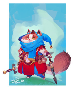 ambiguous_gender anthro belt blue_clothing blue_headwear brown_hair clock clothing fur green_eyes hair headgear headwear holding_melee_weapon holding_object holding_sword holding_weapon looking_up melee_weapon pouch_(clothing) red_clothing smile solo standing sword tail weapon whiskers john_polidora domestic_cat felid feline felis mammal 2018 hi_res