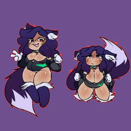 anthro begging bell bell_collar breasts collar ears_down exposed_breasts fangs female fur hair paws pivoted_ears purple_hair solo submissive tail teeth thick_tail thick_thighs kirbonix madeline_whimsicott 1:1 hi_res