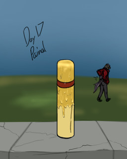 after_masturbation anthro bodily_fluids bollard clothed clothing female implied_insertion simple_background solo androidz sadie_(androidz) canid canine mammal raccoon_dog digital_media_(artwork)