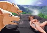 dominant dominant_female female feral group macro trio artca9 ghibli princess_mononoke ashitaka san_(princess_mononoke) canid canine canis human mammal wolf absurd_res digital_media_(artwork) digital_painting_(artwork) hi_res