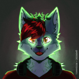anthro blep clothing crescent_moon electronics fur green_body green_fur hair headphones male moon red_clothing red_eyes red_hair red_shirt red_topwear shirt simple_background solo star tongue tongue_out topwear heressic mars_(murring) canid canine canis fox hybrid mammal wolf 1:1 hi_res