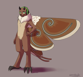anthro brown_body brown_fur electronics feet forked_tail fur fur_collar green_eyes hand_on_hip headgear headphones headset horn insect_wings lepidopteran_wings male snout solo standing tail talons toes unusual_anatomy unusual_tail wings neolordie zefile arthropod hybrid insect lepidopteran moth absurd_res digital_drawing_(artwork) digital_media_(artwork) full-length_portrait hi_res portrait