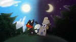 ambiguous_gender bell bow_(feature) bow_tie cloud collar day duo feral grass moon night outside plant sigh sitting sky sun mendobear nintendo pokemon pines generation_7_pokemon litten pokemon_(species) rockruff 16:9 hi_res widescreen