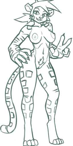 4_fingers anthro big_arms breasts claws digitigrade feet female finger_claws fingers genitals gesture hair hand_gesture hand_on_hip looking_at_viewer muscular muscular_female nipples nude ponytail pubes smile solo standing v_sign vulva redout kipo_and_the_age_of_wonderbeasts kipo_oak animal_humanoid felid felid_humanoid humanoid leopard_humanoid mammal mammal_humanoid pantherine pantherine_humanoid 2026 absurd_res full-length_portrait hi_res monochrome portrait sketch