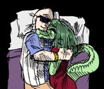 anthro bald bed clothing cuddling dress_shirt duo eyelashes eyes_closed eyewear female furniture green_body green_hair green_scales hair hug light-skinned_male light_body light_skin long_hair long_tail lying lying_on_bed male male/female on_bed on_side scales shirt simple_background smile snout sunglasses tail topwear transparent_background banco cavemanon_studios i_wani_hug_that_gator inco_(iwhtg) olivia_halford baryonyx dinosaur human mammal prehistoric_species reptile scalie spinosaurid theropod 2024 alpha_channel digital_drawing_(artwork) digital_media_(artwork) hi_res