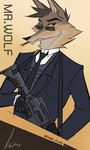 anthro ar-15 armor body_armor clothing eyewear fingers fur glasses gun holding_object holding_weapon looking_aside male male_anthro necktie ranged_weapon rifle shirt simple_background smoking solo suit suit_jacket text topwear weapon siam_fox dreamworks the_bad_guys mr._wolf_(the_bad_guys) canid canine canis mammal wolf 2021 absurd_res dated english_text hi_res signature