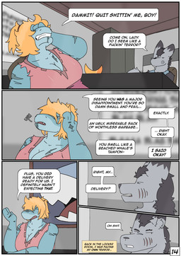 anthro big_breasts blue_body border breasts chair cleavage clenched_teeth clothed clothing collared_shirt dialogue disappointed disgust duo facial_scar female fur furniture grey_body grey_fur groan hair hair_over_eye hand_on_face leaning leaning_backward looking_away male mohawk muscular muscular_anthro muscular_female narration narrowed_eyes orange_hair page_number painting_(object) polo_shirt ponytail profanity scar shirt speech_bubble teeth text text_box topwear white_border ferrx strays_in_paradise dark_matter_(li'l_melon) omega_snatch_(strays_in_paradise) ambiguous_species aquatic canid canine fish mammal shark absurd_res comic english_text hi_res