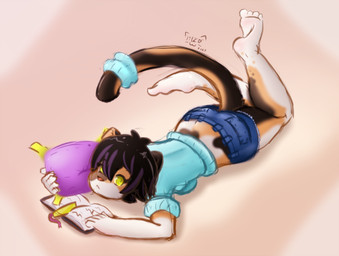 4_toes 5_fingers accessory anthro barefoot black_hair book bookmark bottomwear breasts calves_up clothing denim denim_bottomwear denim_clothing denim_shorts feet female fingers furgonomics hair humanoid_feet looking_at_viewer lying midriff on_front pillow pink_nose plantar_flexion plantigrade reading short_hair shorts simple_background soles solo sweater tail tail_accessory the_pose toes topwear yellow_eyes kemotobi rebecca_(kemotobi) calico_cat domestic_cat felid feline felis mammal 2013