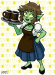 accessory apron barmaid beer_mug breasts brown_hair clothing ear_piercing female freckles green_body green_skin hair hair_accessory hairclip humanoid_pointy_ears jewelry medium_breasts necklace not_furry piercing pointy_ears short_stack smile solo tray yellow_sclera shabazik honey_goblin goblin humanoid 2022 hi_res