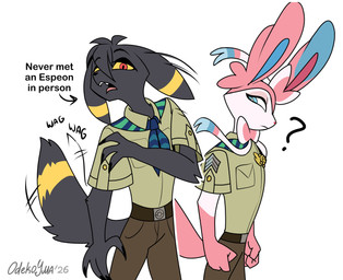anthro belt black_body black_fur black_nails blue_eyes clothing colored_nails duo fist fur kerchief looking_over male multicolored_body multicolored_fur nails pink_body pink_fur question_mark red_eyes standing tail tail_motion tailwag white_body white_fur odeko-yma nintendo pokemon pokemon_mystery_dungeon spike_chunsoft lucky_(odeko-yma) pix_(odeko-yma) canid canine eeveelution generation_2_pokemon generation_6_pokemon mammal pokemon_(species) sylveon umbreon hi_res