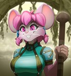 anthro big_breasts breasts close-up clothing female hair hammer medium_breasts pink_eyes pink_hair plant ruins smile solo tools vines weapon whiskers remarkably_average atlyss chang_(atlyss) mammal murid rodent headshot_portrait hi_res portrait