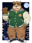 anthro blush bottomwear brown_body brown_fur clothing fur hoodie humanoid_hands kemono male moon overweight overweight_male pants solo topwear yaki_atsuage lifewonders tokyo_afterschool_summoners volos_(tas) bear mammal 2023 hi_res