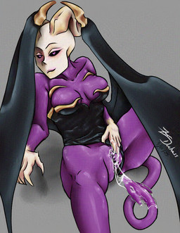 bodily_fluids bodysuit_aside bone breasts ectovagina female horn looking_at_viewer masturbation messy_tail purple_body raised_wings skeleton solo tail tail_fetish tail_masturbation tail_play vaginal vaginal_masturbation wings zeryxis humanoid monster succubus hi_res