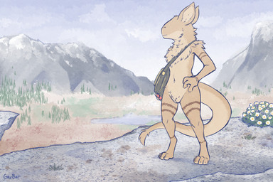 3_fingers 4_toes anthro big_ears blind detailed_background disability eyeless feet female fingers fluffy fur genitals messenger_bag mountain mouth_closed nude outside paws plant sky solo tail tan_body tan_fur toes tuft vulva gavbat echo_(tamun) aurunin 3:2 digital_media_(artwork)