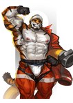 abs anthro armor armpit_hair black_clothing black_gloves black_handwear body_hair clothing crotch_harness fingerless_gloves firefighter_helmet firefighter_uniform flexing flexing_bicep fur gloves handwear headgear helmet holding_hose hose jacket looking_at_viewer male multicolored_body multicolored_fur muscular muscular_anthro muscular_legs muscular_male muscular_thighs nipples obliques one_sleeve_on orange_body orange_fur pecs red_clothing red_jacket red_topwear serratus smile solo standing striped_body striped_fur stripes topwear two_tone_body two_tone_fur uniform unzipped_bodysuit vein veiny_muscles whiskers white_body white_fur traver009 felix_(imato) felid mammal pantherine tiger 2023 absurd_res hi_res