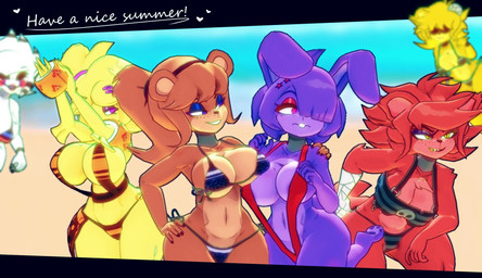 anthro areola areola_slip bandage bandaged_arm beach big_breasts bikini black_hairband blonde_hair blue_eyes blue_eyeshadow blurred_background breasts brown_body brown_hair buckteeth cleavage clothed clothing crossgender day eyeshadow fangs feathers female freckles fur grin group hair hair_over_eye hand_on_hip hand_on_shoulder long_hair looking_at_another machine makeup mtf_crossgender navel non-mammal_breasts one-piece_swimsuit pattern_bikini pattern_clothing pattern_swimwear pink_eyeshadow ponytail purple_body purple_eyes purple_hair red_body red_eyes red_fur red_hair short_hair side-tie_bikini sling_bikini smile smiling_at_another string_bikini striped_bikini striped_clothing striped_swimwear stripes summer swimwear tail teeth text thick_thighs tied_hair two-piece_swimsuit ventral_groove wide_hipped_anthro wide_hipped_female wide_hipped_humanoid wide_hips yellow_body yellow_feathers cryptiacurves cryptiacurves_(modeler) five_nights_at_freddy's five_nights_at_freddy's_2 fredina's_nightclub scottgames bonfie_(cryptiacurves) bonnie_(fnaf) chica_(fnaf) chiku_(cryptiacurves) fexa_(cryptiacurves) foxy_(fnaf) freddy_(fnaf) frenni_(cryptiacurves) golden_freddy_(fnaf) marie_(cryptiacurves) marionette_(fnaf) type_0_(cryptiacurves) animatronic avian bear bird canid canine chicken fox galliform humanoid lagomorph leporid mammal phasianid rabbit robot robot_anthro 3d_(artwork) digital_media_(artwork) english_text hi_res