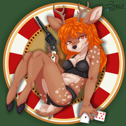 5_fingers ace_of_spades adolescent anthro antlers bra card clothed clothing cloven_hooves female fingers fur grin gun hair handgun holding_gun holding_handgun holding_object holding_ranged_weapon holding_revolver holding_weapon hooves horn lingerie loli looking_at_viewer markings mismatched_sexual_dimorphism orange_eyes orange_hair panties playing_card pupils ranged_weapon revolver roulette_wheel scut_tail short_tail smile solo star_pupils tail tan_body tan_fur ten_of_hearts underwear unguligrade weapon white_body white_fur white_markings white_pupils young young_anthro young_female conditional_dnp zer0rebel4 discord_(app) telegram lilith_(silversystem) deer mammal new_world_deer white-tailed_deer 1:1 absurd_res full-length_portrait hi_res portrait shaded soft_shading