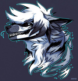 ambiguous_gender black_hair black_nose blue_outline ears_back fur grey_background grey_body grey_fur grey_hair grey_inner_ear_fluff grin hair inner_ear_fluff outline pivoted_ears sharp_teeth side_view simple_background smile solo teeth text tuft white_body white_eyes white_fur white_hair unknowhiter canid mammal 2015 artist_name