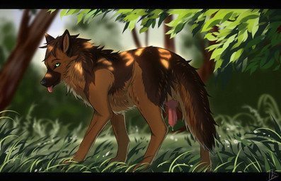animal_genitalia animal_penis black_nose bodily_fluids brown_body brown_eyebrows brown_fur brown_hair canine_genitalia canine_penis day erection eyebrows feral forest fur genital_fluids genitals grass green_eyes hair knot knotted_penis male outside penis pink_penis plant precum realistic_feral short_hair snout solo standing tail tongue tongue_out tree midzushiro thomas_(ragnar9th) canid canine canis mammal wolf colored digital_drawing_(artwork) digital_media_(artwork) hi_res shaded