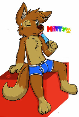 anthro barefoot biped blue_boxer_briefs blue_clothing blue_text blue_underwear bodily_fluids boxer_briefs boxer_briefs_only brown_body brown_fur brown_hair brown_nose bulge cheek_tuft chest_tuft claws clothed clothing countershade_torso countershading dipstick_tail eye_patch_(marking) eye_through_hair facial_markings facial_tuft feet finger_claws food footprint fur gloves_(marking) green_eyes green_text grey_inner_ear hair head_markings leg_markings male markings monotone_hair multicolored_body multicolored_fur navel nickname one_eye_closed patch_(marking) pawprint pink_text pink_tongue popsicle red_text simple_background sitting socks_(marking) solo sweat tail tail_markings tan_body tan_countershading tan_feet tan_fur tan_hands tan_tail_tip text toe_claws tongue topless topless_anthro topless_male translucent translucent_hair tuft underwear underwear_only white_background white_seam_boxer_briefs gaokun matt_riskely canid canine canis domestic_dog mammal 2015 hi_res watermark