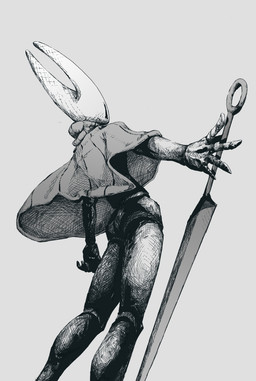 2_horns 5_fingers biped black_eyes butt clothing empty_eyes female fingers grey_background horn melee_weapon pose simple_background solo standing weapon saaaaarock hollow_knight_(franchise) team_cherry hornet_(hollow_knight) arthropod humanoid 2025 hi_res monochrome