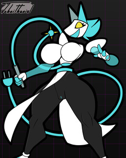 4_fingers anthro big_breasts biped black_body blue_hair blue_tail bottomwear breasts clothing curvy_figure empty_eyes female fingers floating_arms floating_head floating_limbs front_view genitals hair holding_object holding_weapon holding_whip huge_breasts machine melee_weapon monotone_hair monotone_tail multicolored_body open_mouth open_smile pose short_hair simple_background smile solo standing tail thick_thighs translucent translucent_body voluptuous vulva weapon whip white_body white_bottomwear white_clothing johnithanial deltarune undertale_(series) tasque_manager darkner domestic_cat felid feline felis mammal robot robot_anthro 2021 4:5 digital_media_(artwork) hi_res
