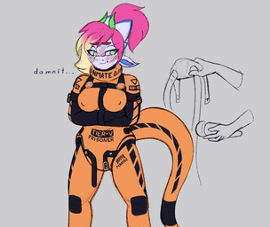 anthro bdsm blush bondage bound breasts clean_diaper clothed clothing diaper duo hair harness horn hosesuit inflatable_collar latex latex_clothing muzzle_(object) orange_clothing pink_hair prison_suit prisoner restraints sex_toy standing straitjacket text tight_clothing vibrator wand_vibrator wearing_diaper shiny_astrem mythology arsenth_neodal dragon mythological_creature mythological_scalie scalie hi_res