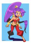 blue_eyes breasts clothing ear_piercing ear_ring female footwear hair humanoid_pointy_ears long_hair navel not_furry open_mouth piercing pointy_ears ponytail purple_hair ring_piercing solo mogahonu shantae_(series) wayforward shantae genie humanoid 2019 signature