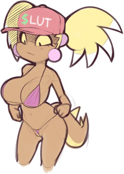 anthro baseball_cap big_breasts bikini black_eyes breasts brown_body brown_scales camel_toe clothing ear_piercing female front_view genitals hat headgear headwear navel non-mammal_breasts non-mammal_navel piercing purple_bikini purple_clothing purple_swimwear pussy_floss scales simple_background solo spiked_tail spikes spikes_(anatomy) swimwear tail thick_thighs two-piece_swimsuit vulva white_background wide_hips yellow_sclera plantpenetrator scalie_schoolie iris_(scalie_schoolie) reptile scalie tuatara