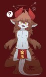 ambiguous_gender anthro asian_clothing bottomwear brown_body brown_fur clothing confusion crouching east_asian_clothing fundoshi fur horn japanese_clothing loincloth nipples open_mouth question_mark red_background red_clothing red_fundoshi red_horn red_underwear simple_background solo text underwear white_body white_fur yellow_eyes young kiukiu mythology mythological_creature absurd_res hi_res japanese_text